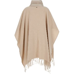 Poncho with high collar and two pockets in wool and nylon beige women