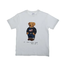 Crew Neck T-Shirt with Large Logo Print on the Front in White Cotton Boy