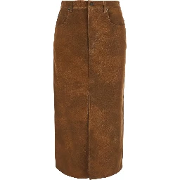 BISANE brown skirt with logo patch on the back in leather-effect fabric for women