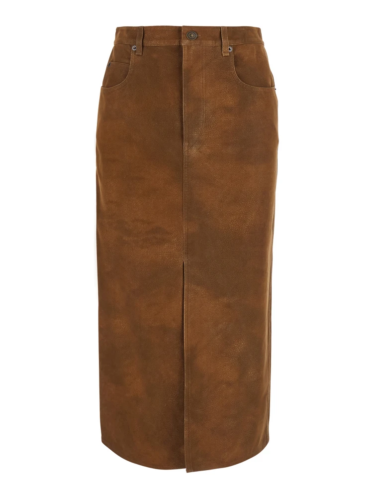 BISANE brown skirt with logo patch on the back in leather-effect fabric for women