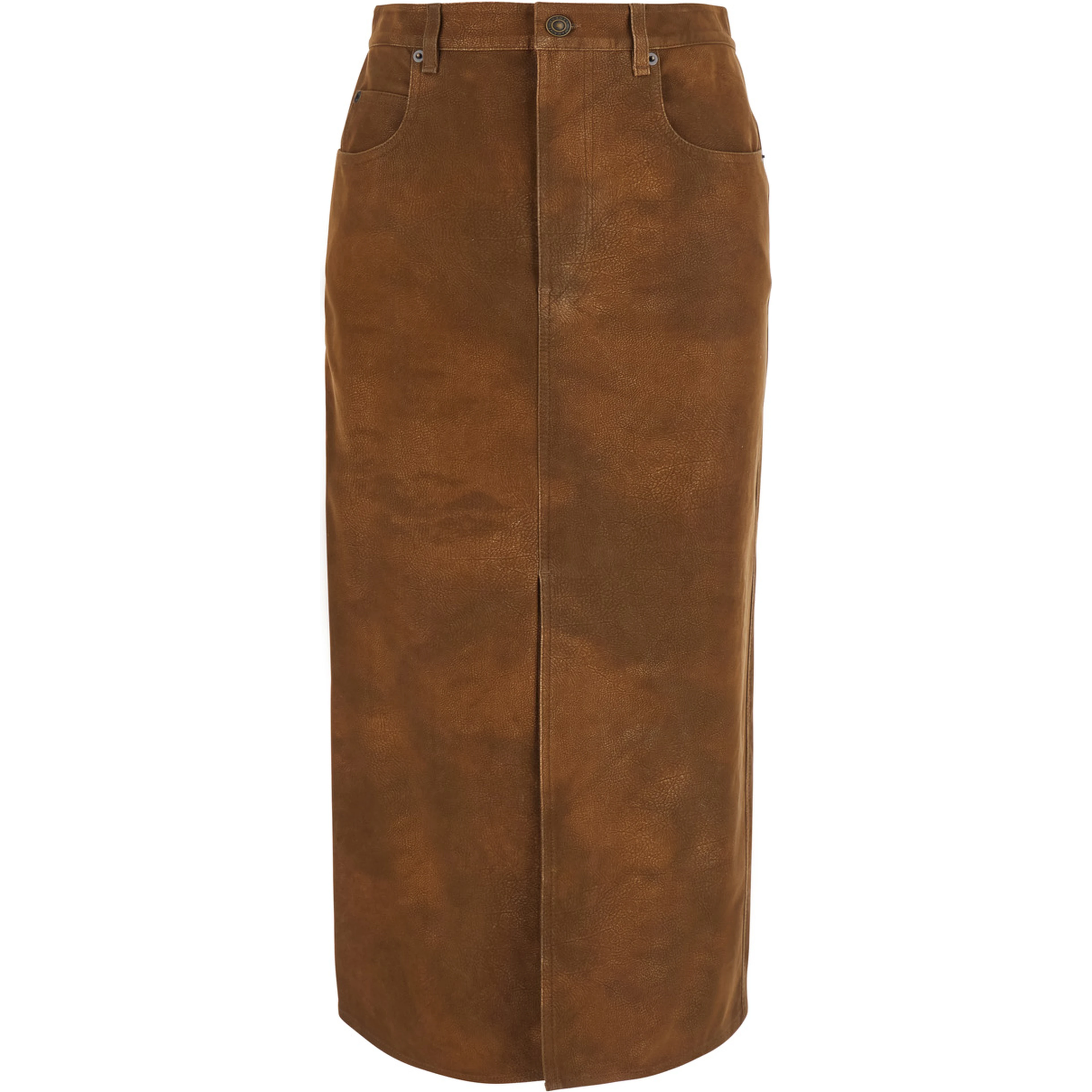 BISANE brown skirt with logo patch on the back in leather-effect fabric for women