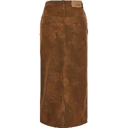 BISANE brown skirt with logo patch on the back in leather-effect fabric for women
