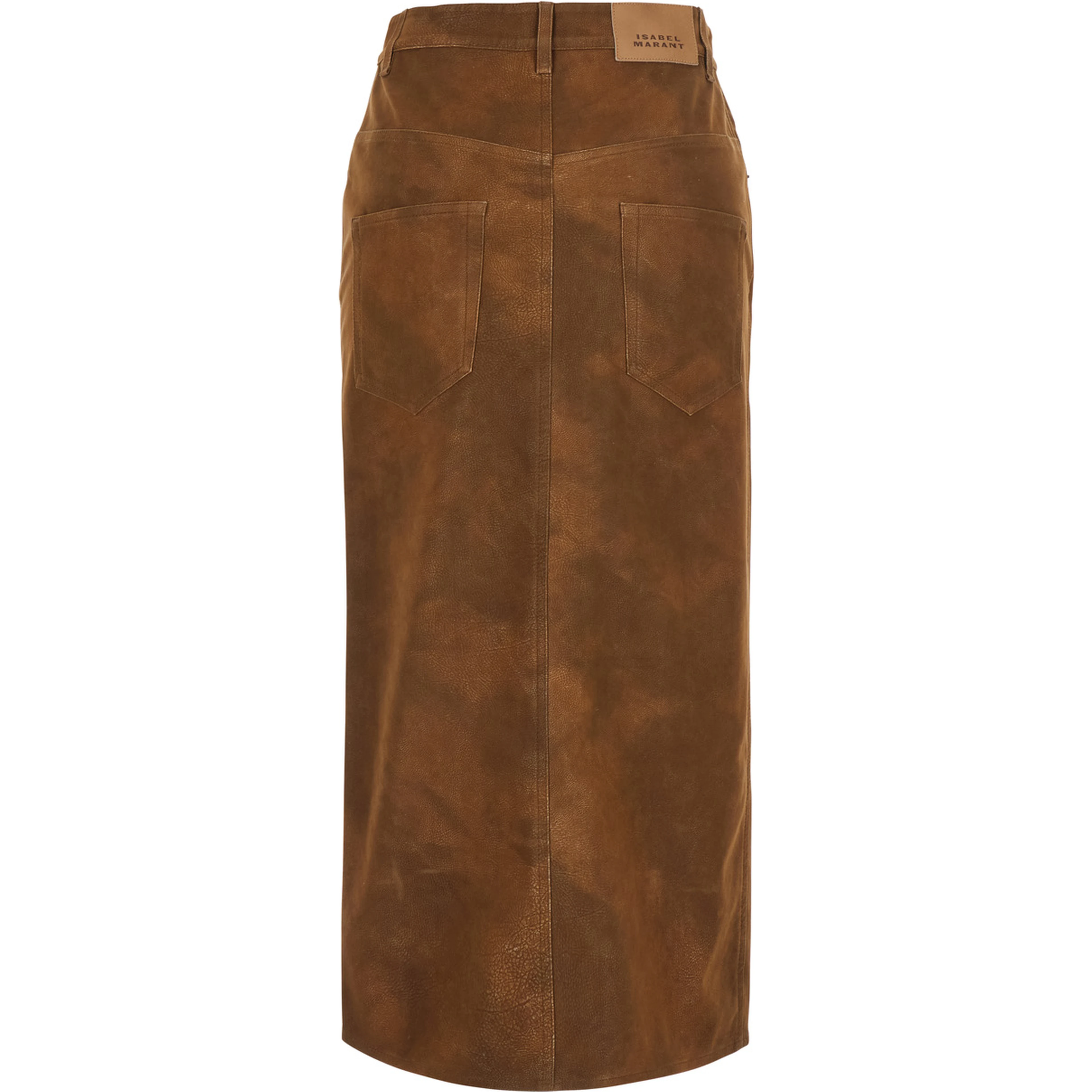 BISANE brown skirt with logo patch on the back in leather-effect fabric for women