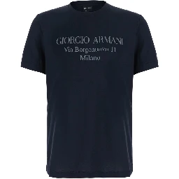 Blue Crew neck T-shirt with address print in cotton for men