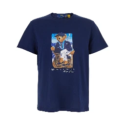 Blue Crew Neck T-Shirt with Maxi Print on the Front in Cotton for Men