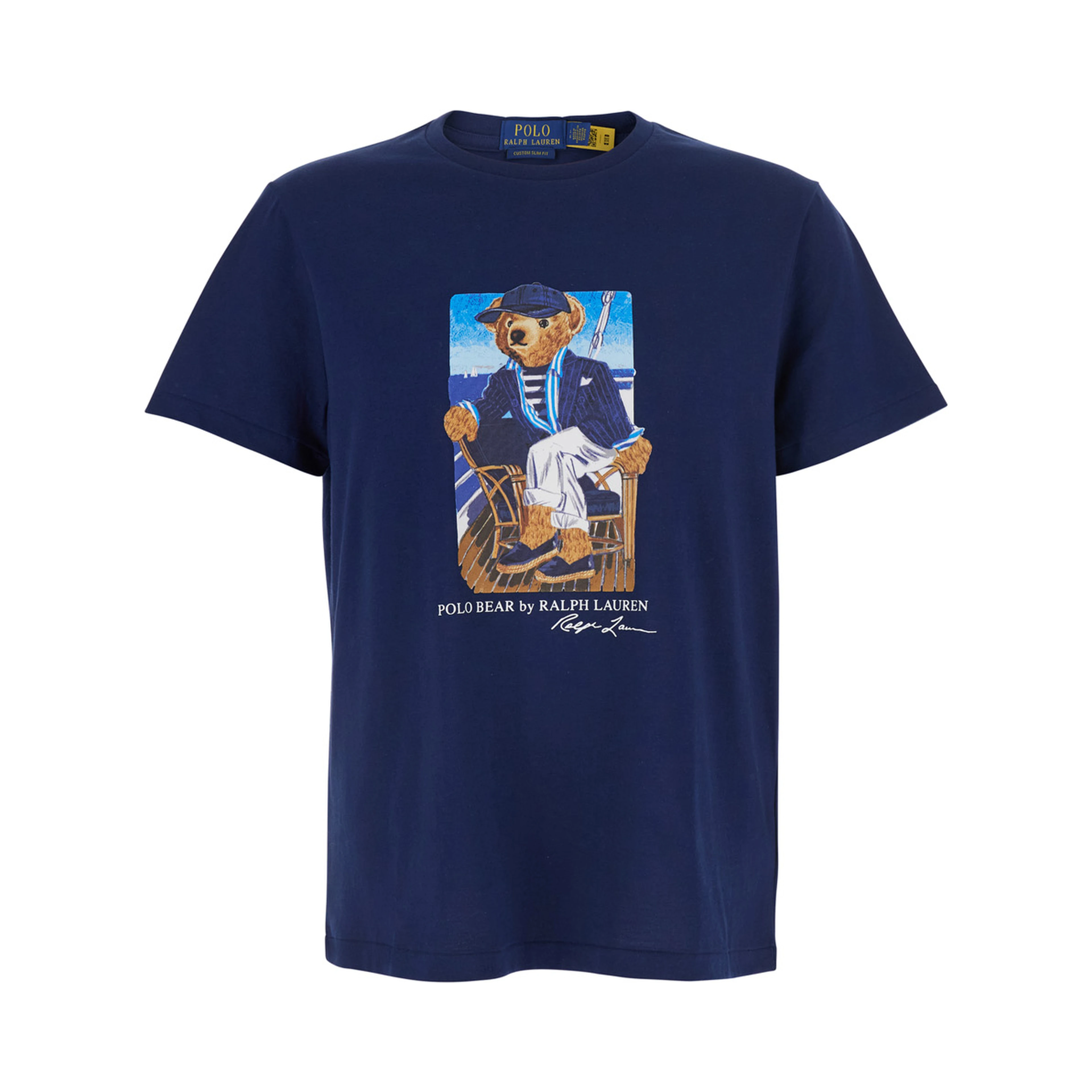 Blue Crew Neck T-Shirt with Maxi Print on the Front in Cotton for Men