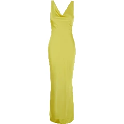 MARIA GOWN is a long dress characterized by a yellow tech fabric and woman
