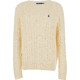 White Crewneck sweater with cable knit and Pony embroidery on the front in cotton for men