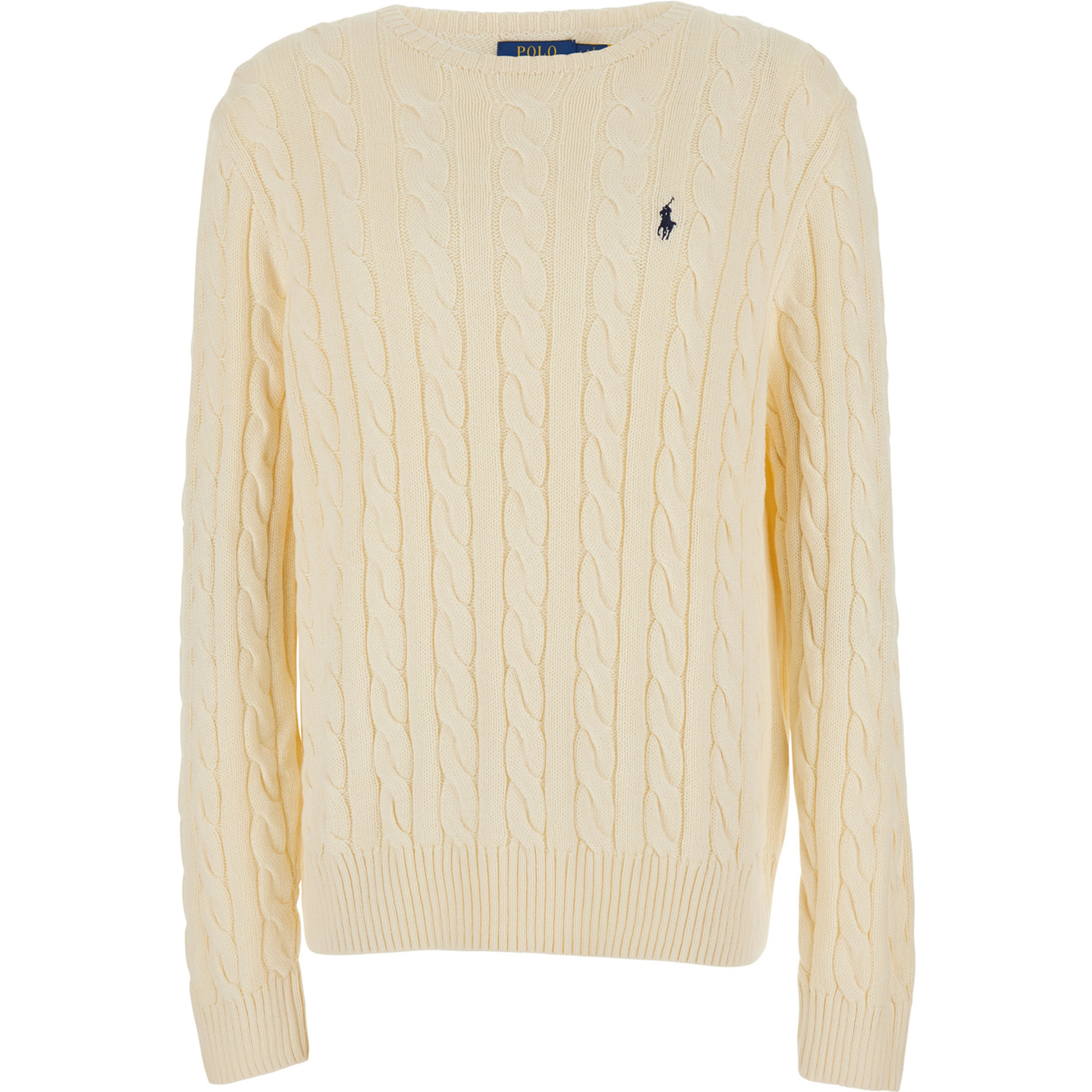 White Crewneck sweater with cable knit and Pony embroidery on the front in cotton for men