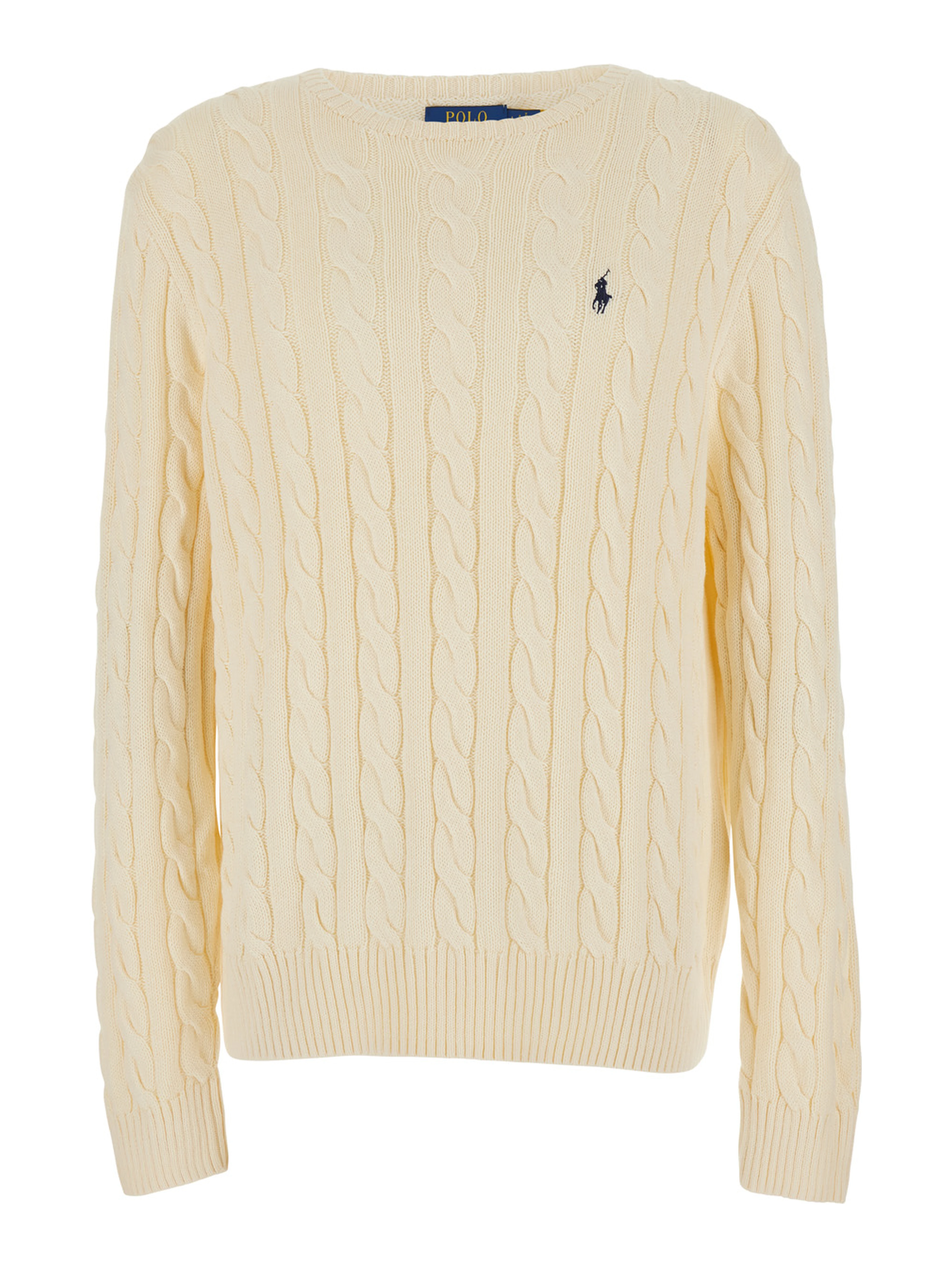 White Crewneck sweater with cable knit and Pony embroidery on the front in cotton for men