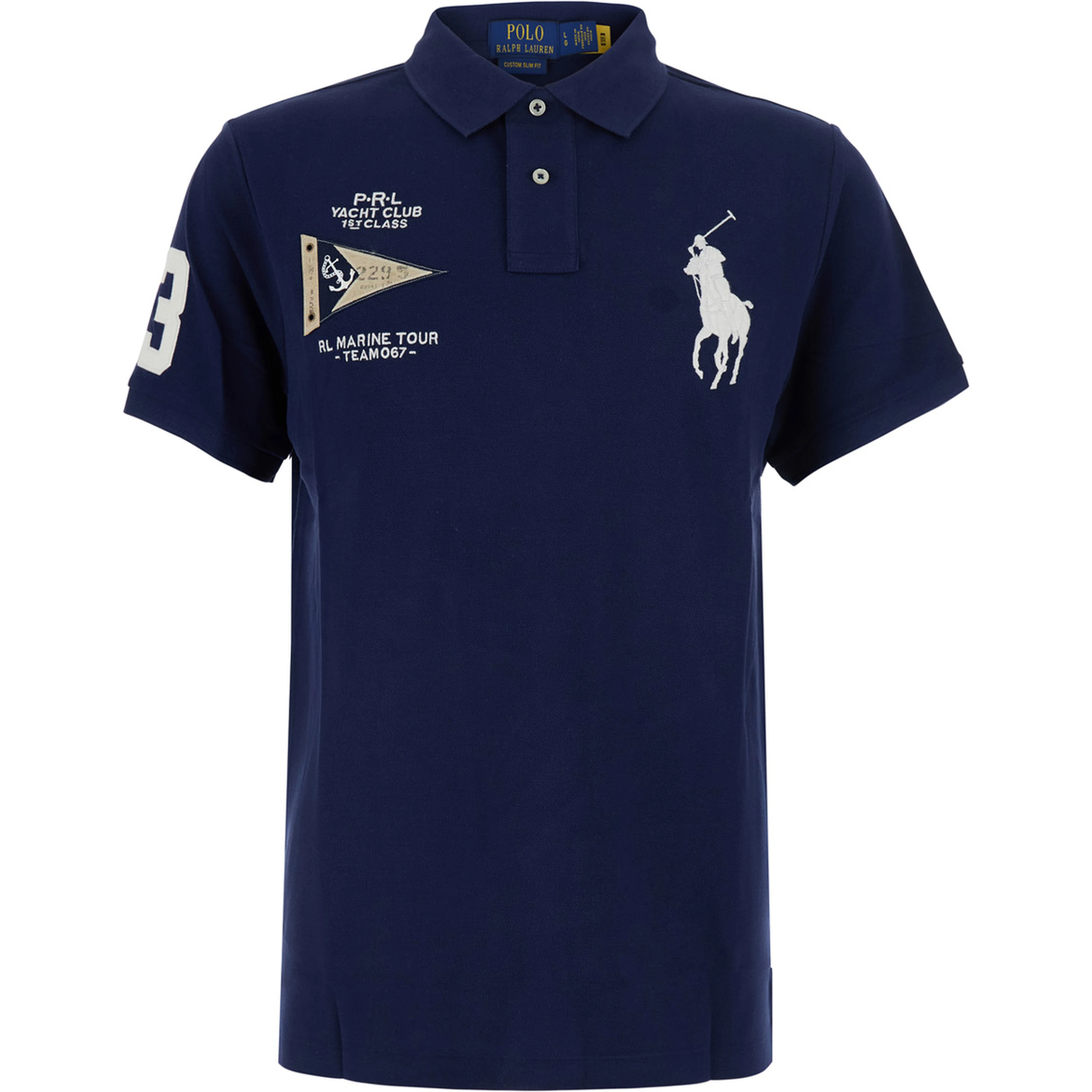 Custom Fit Blue polo shirt with Maxi Pony on the Front and Numeric Logo on the Sleeve in Cotton for Men