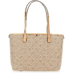 Beige Small Tote Bag with All-Over Logo Monogram and Top Zip Closure in Canvas for Women