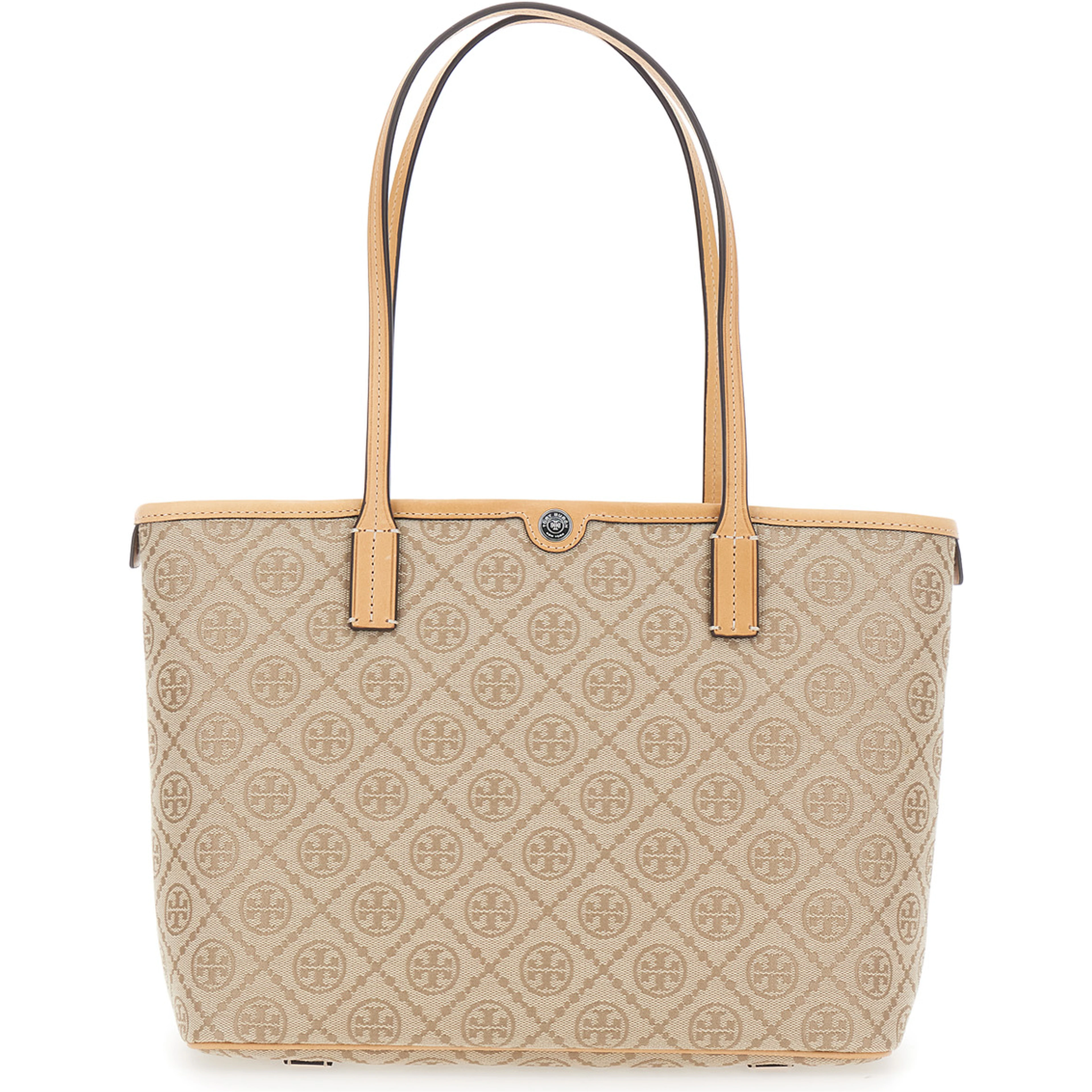 Beige Small Tote Bag with All-Over Logo Monogram and Top Zip Closure in Canvas for Women