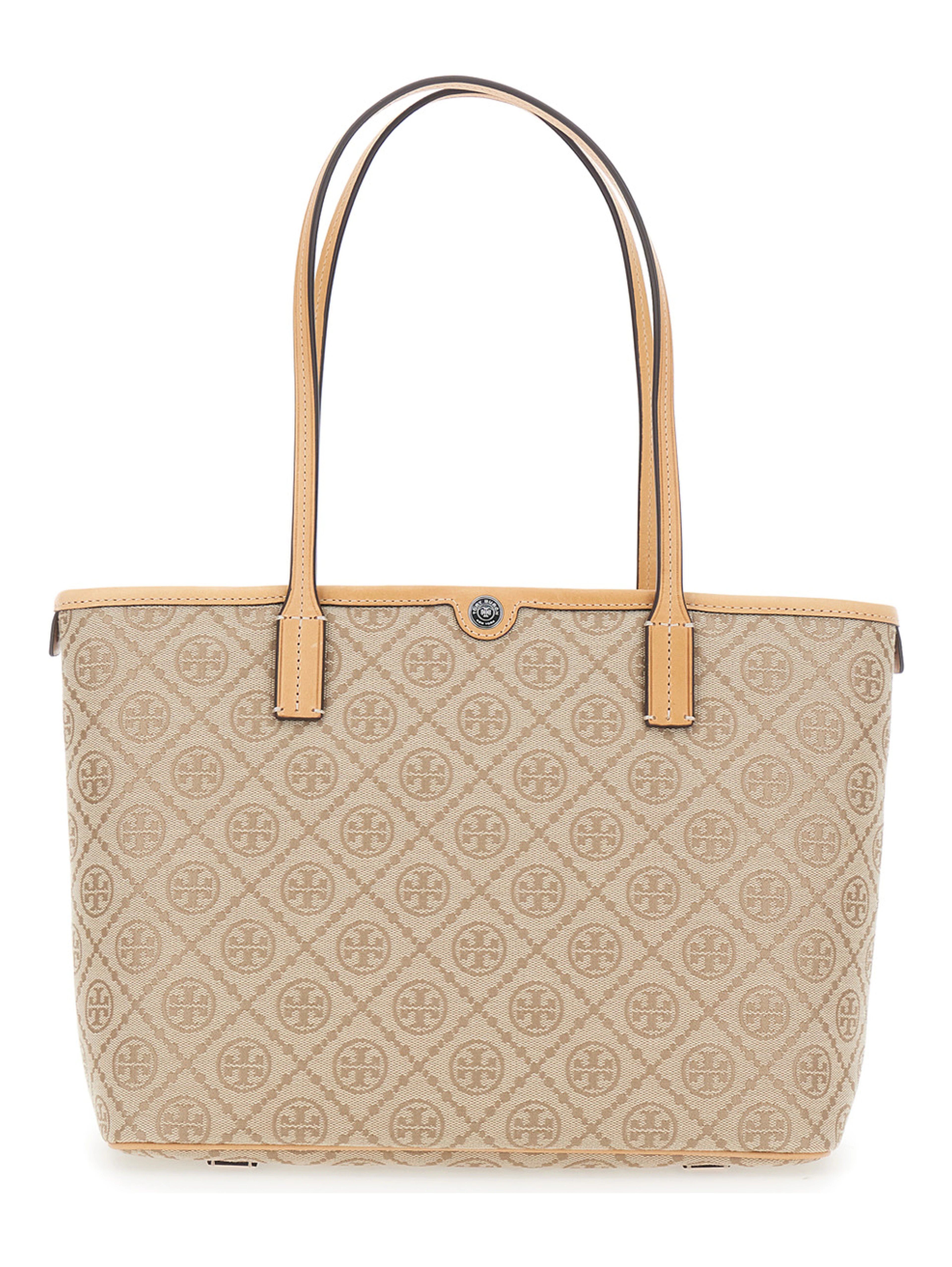 Beige Small Tote Bag with All-Over Logo Monogram and Top Zip Closure in Canvas for Women
