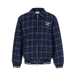 Blue Jacket with classic collar and all-over check motif in wool blend for men