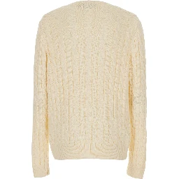 White Crewneck sweater with cable knit and Pony embroidery on the front in cotton for men