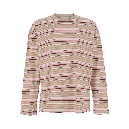 Beige Long Sleeve T-Shirt with All-Over Stripe Motif in Cotton for Men