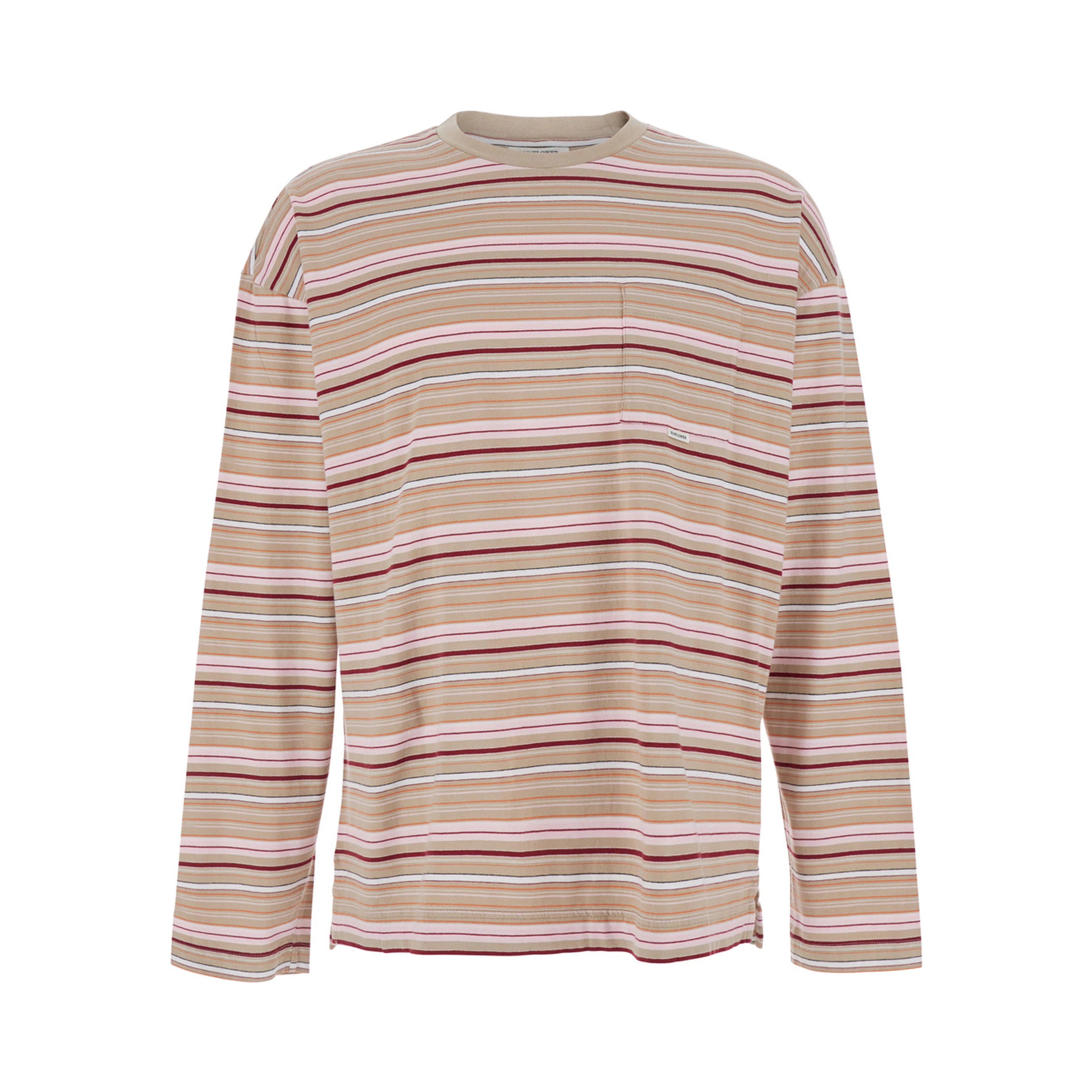 Beige Long Sleeve T-Shirt with All-Over Stripe Motif in Cotton for Men