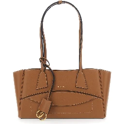 Brown Shoulder bag Small with Front Pocket and Logo lettering in Leather for Women