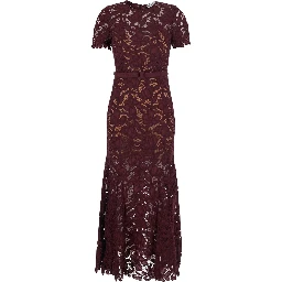 burgundy Long dress with lace details and round neckline in fabric for women