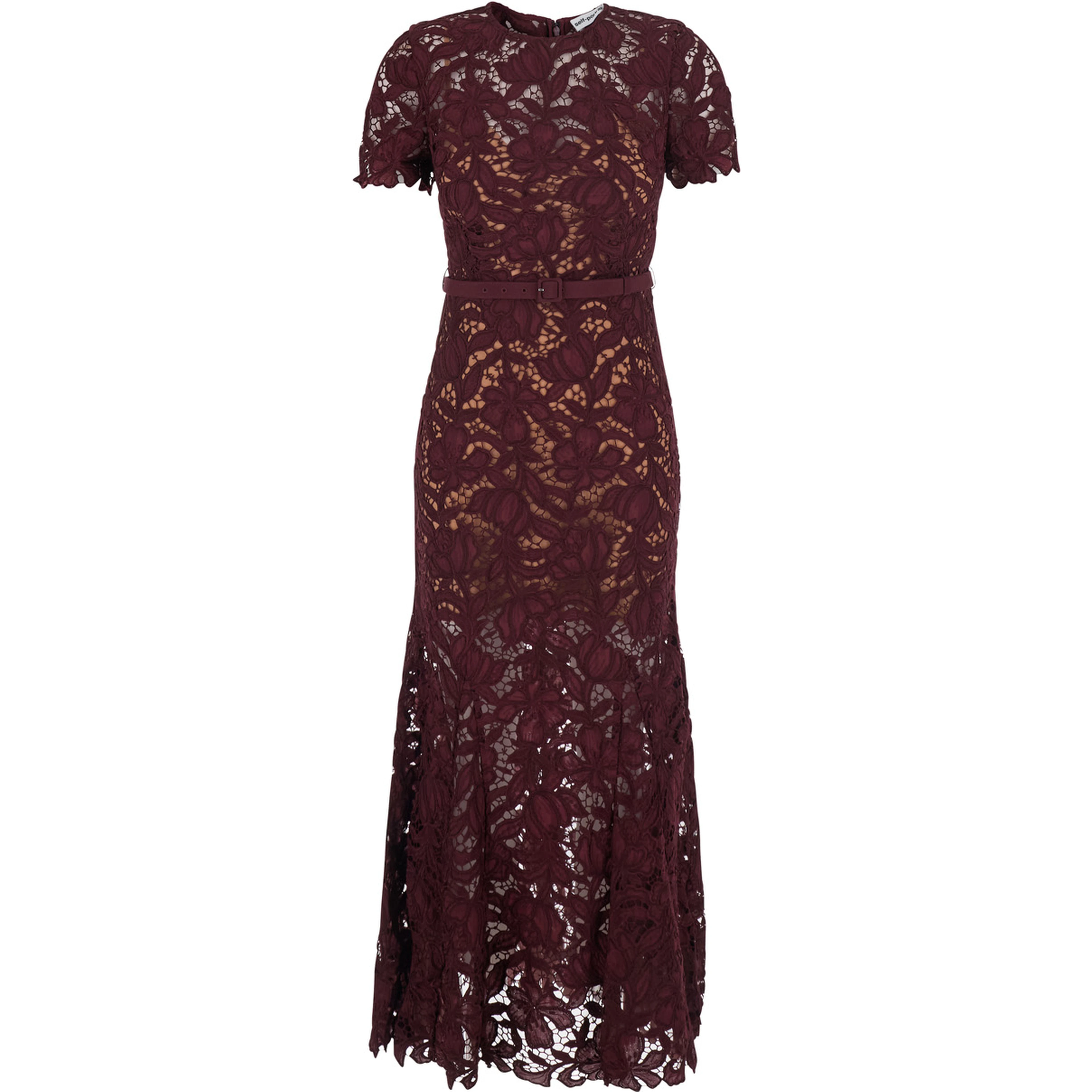 burgundy Long dress with lace details and round neckline in fabric for women