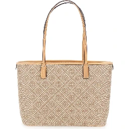 Beige Small Tote Bag with All-Over Logo Monogram and Top Zip Closure in Canvas for Women
