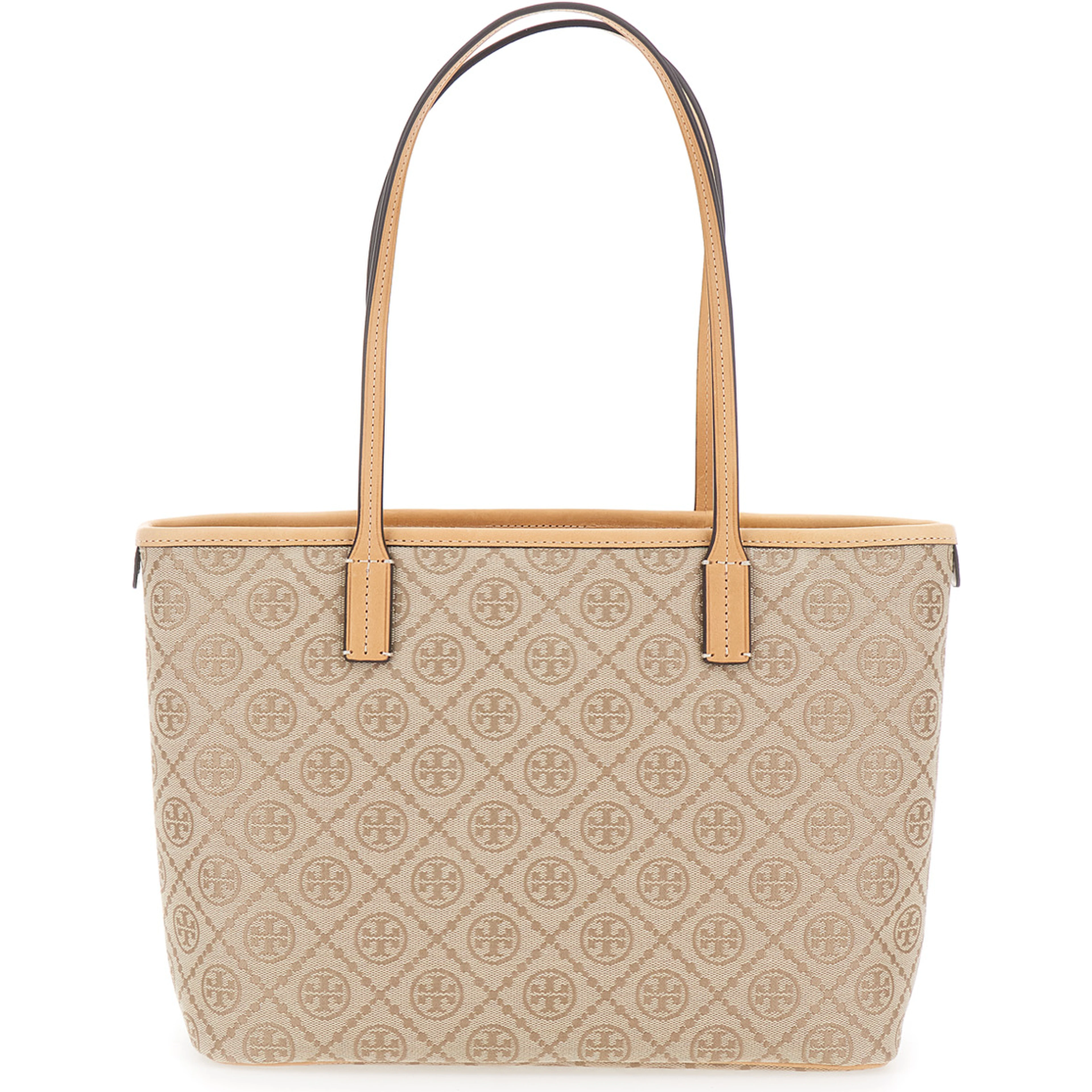 Beige Small Tote Bag with All-Over Logo Monogram and Top Zip Closure in Canvas for Women