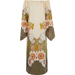 Goddess Multicolor Long Dress with off-shoulder design and Ambrosia motif all-over in silk for women