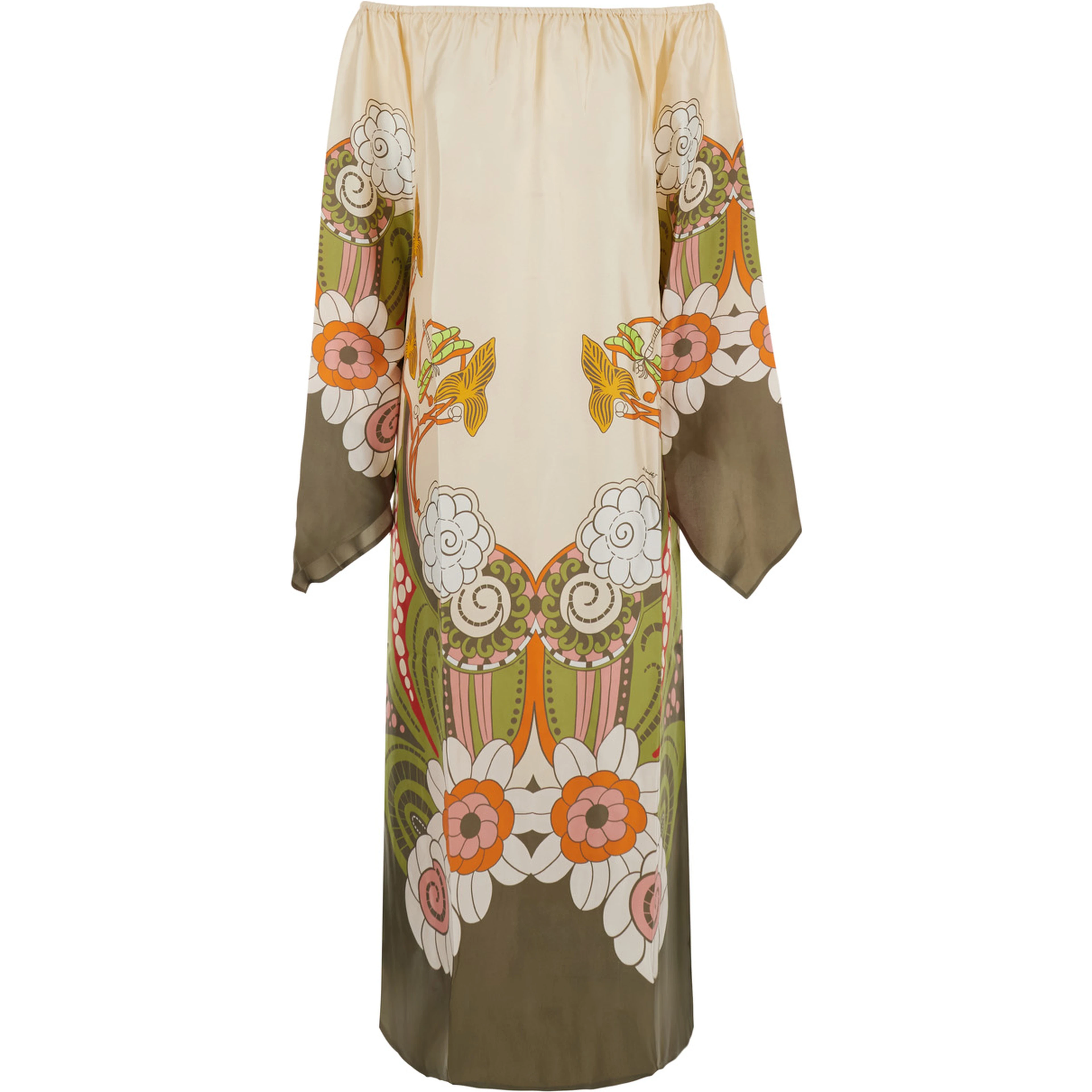 Goddess Multicolor Long Dress with off-shoulder design and Ambrosia motif all-over in silk for women