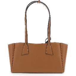 Brown Shoulder bag Small with Front Pocket and Logo lettering in Leather for Women