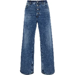 blue jeans with applied logo patch on the back in denim men