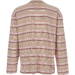 Beige Long Sleeve T-Shirt with All-Over Stripe Motif in Cotton for Men