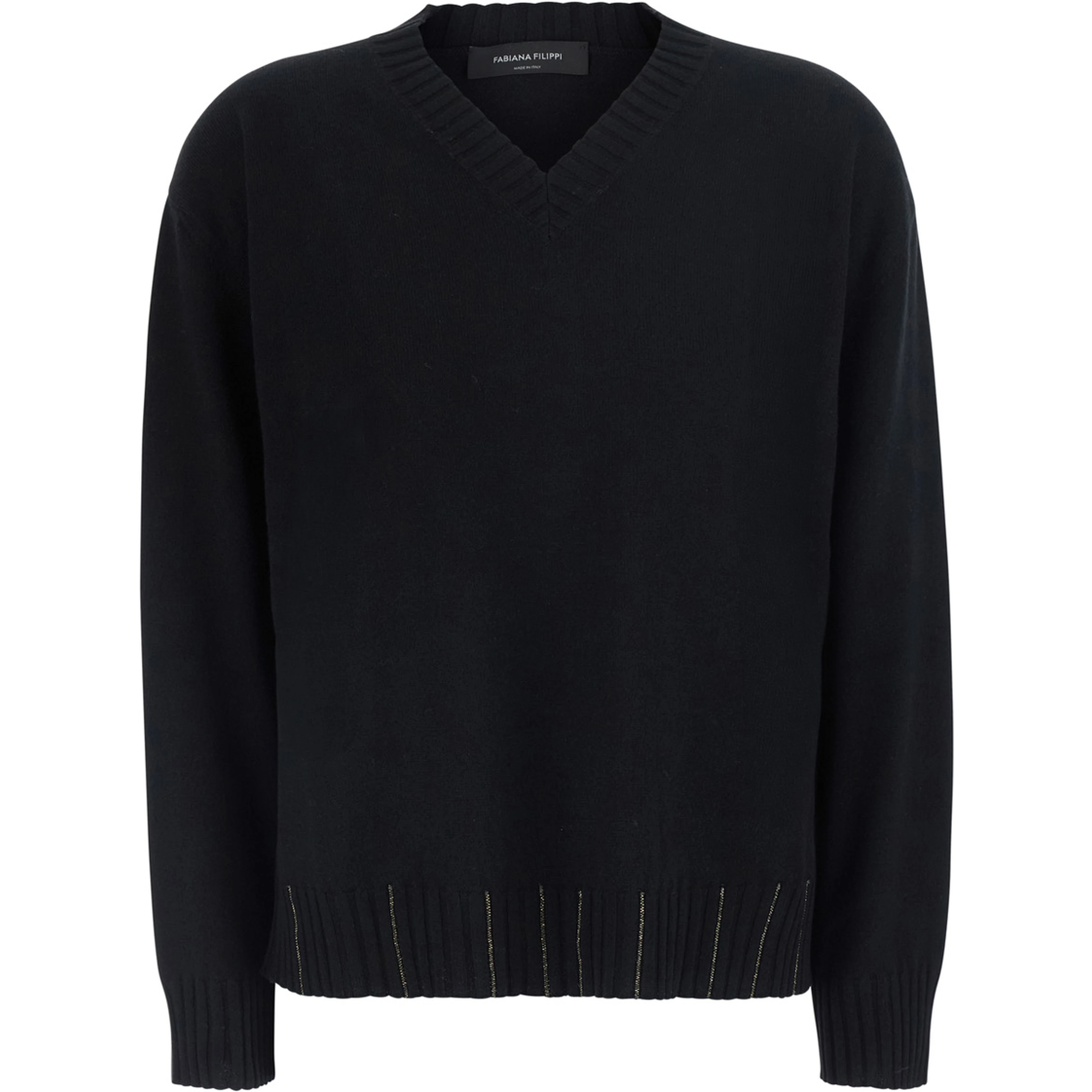 black sweater with V-neck and rhinestone details in wool and silk Blend women