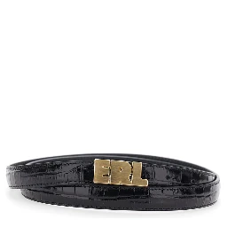 Black Belt with Logo Lettering Plaque on the Front and Embossed Crocodile-Effect in Leather for Men