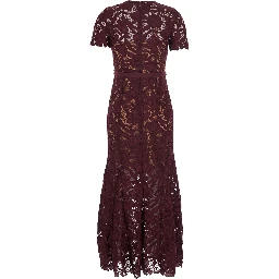burgundy Long dress with lace details and round neckline in fabric for women