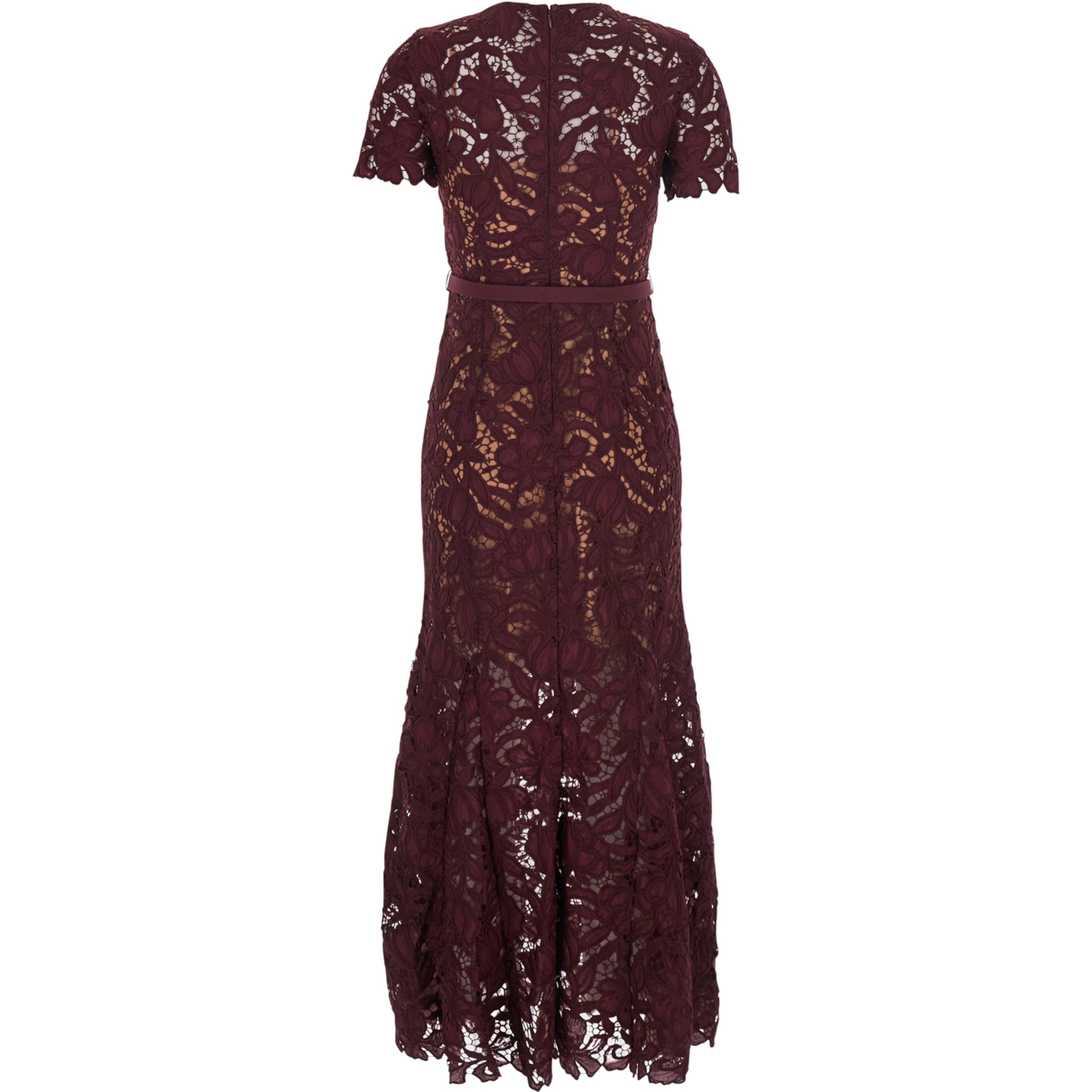 burgundy Long dress with lace details and round neckline in fabric for women