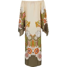 Goddess Multicolor Long Dress with off-shoulder design and Ambrosia motif all-over in silk for women
