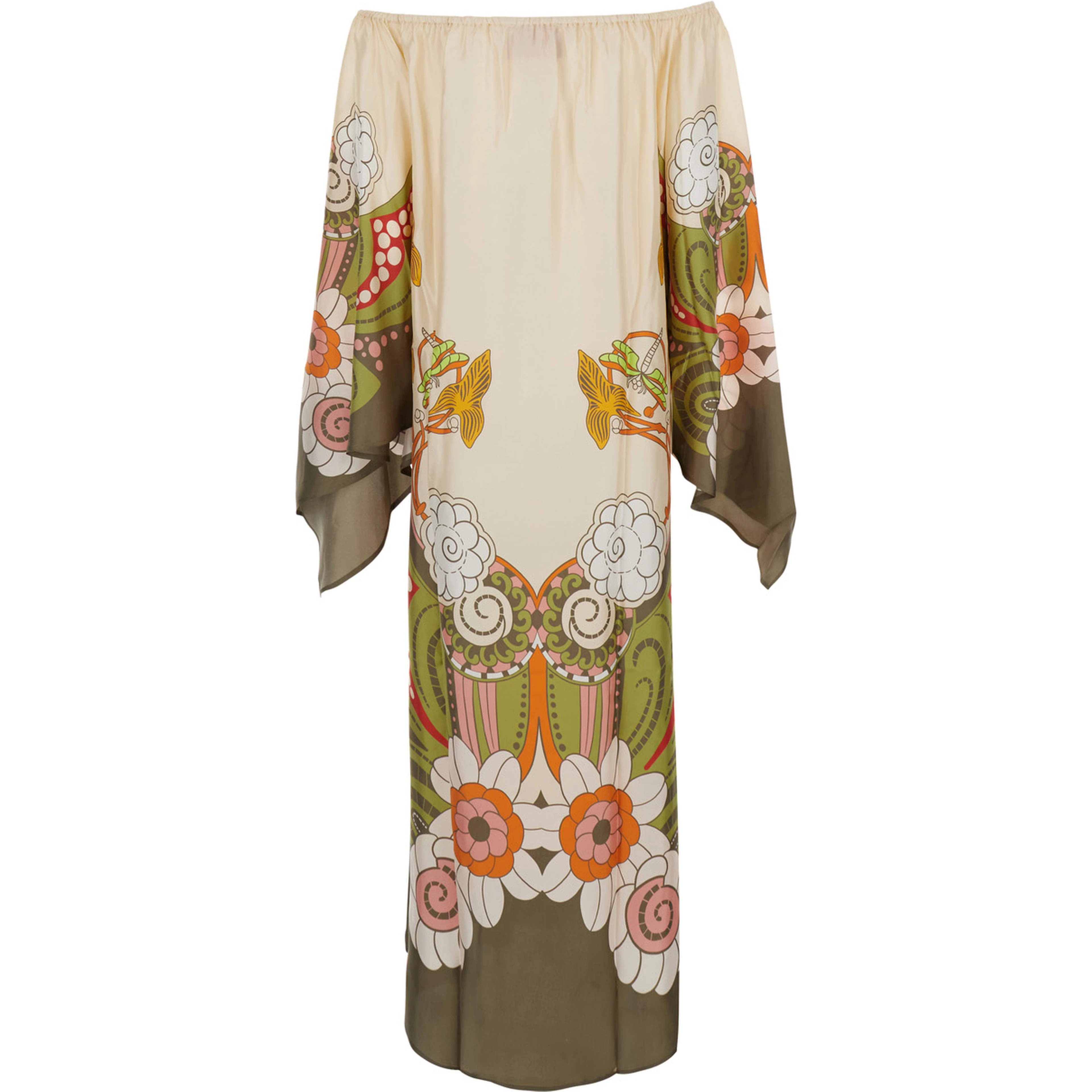 Goddess Multicolor Long Dress with off-shoulder design and Ambrosia motif all-over in silk for women