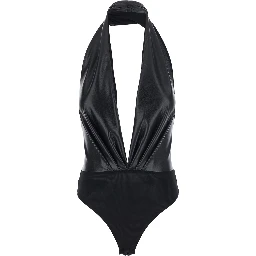 Sendaya Black Bodysuit with deep V-neck and open back in ecoleather black women