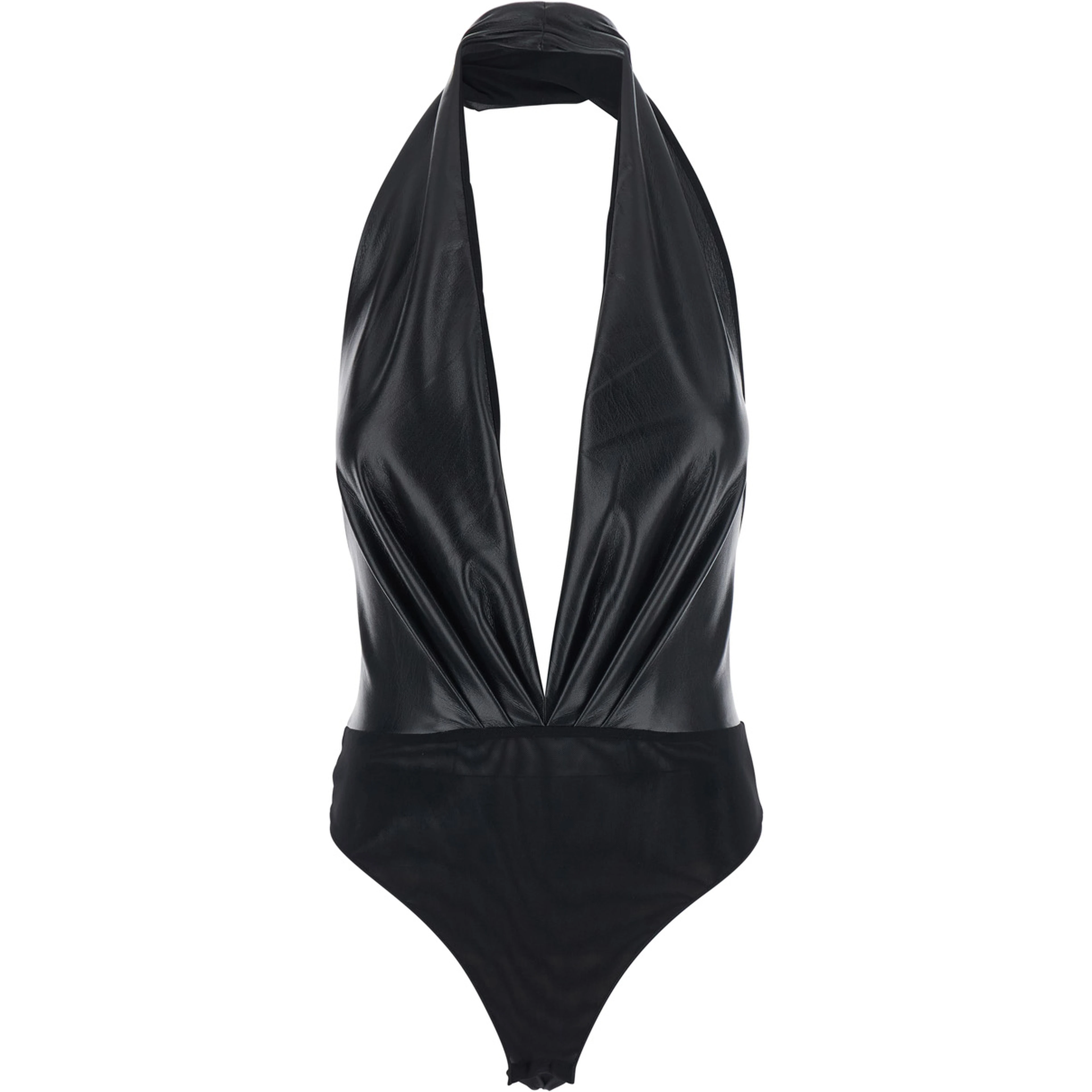 Sendaya Black Bodysuit with deep V-neck and open back in ecoleather black women