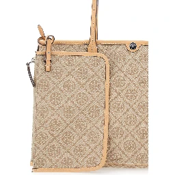 Beige Small Tote Bag with All-Over Logo Monogram and Top Zip Closure in Canvas for Women