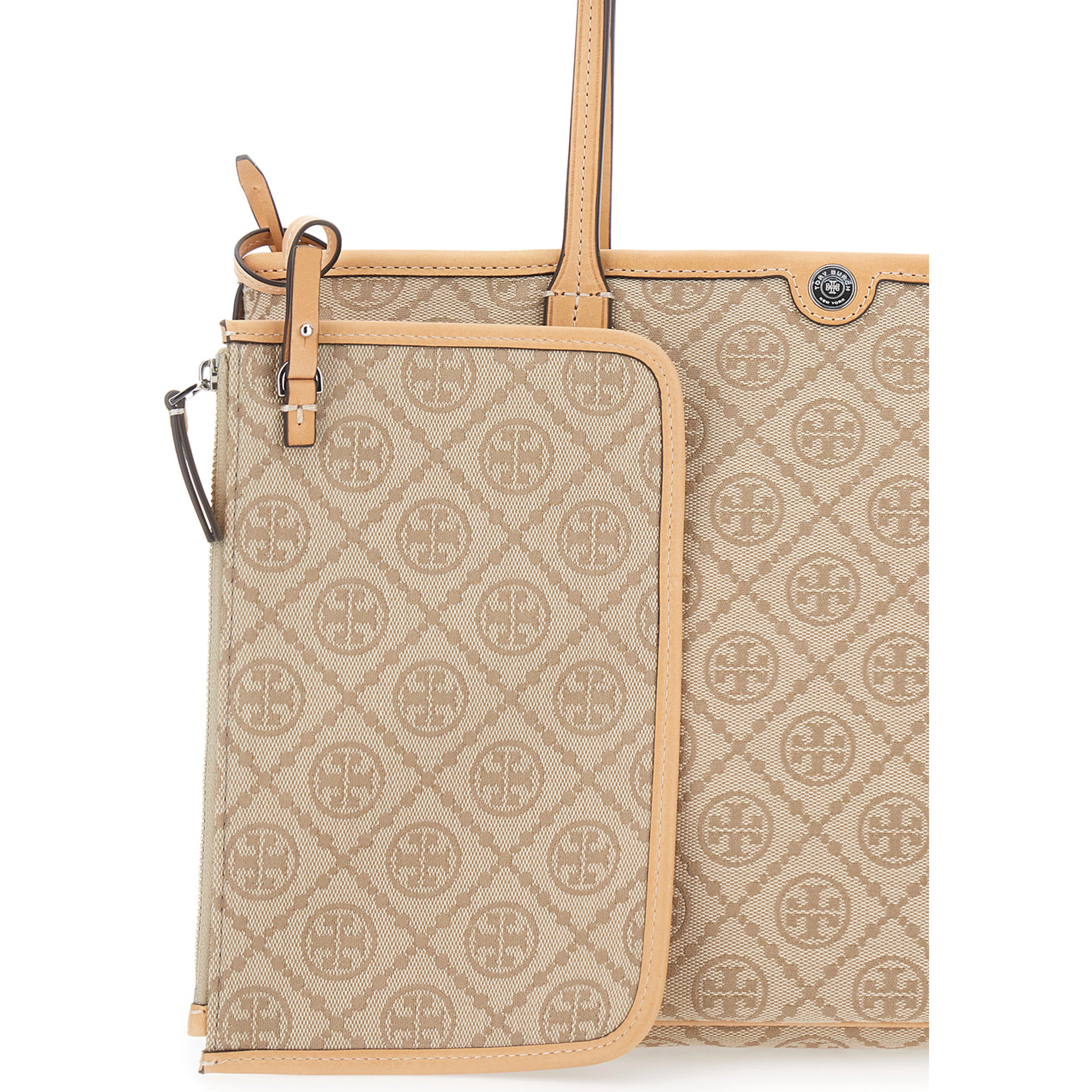 Beige Small Tote Bag with All-Over Logo Monogram and Top Zip Closure in Canvas for Women