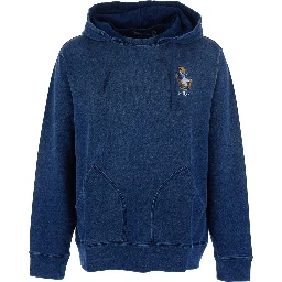 Blue Hoodie with drawstring hood and logo patch on the front in denim effect cotton for men