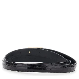 Black Belt with Logo Lettering Plaque on the Front and Embossed Crocodile-Effect in Leather for Men
