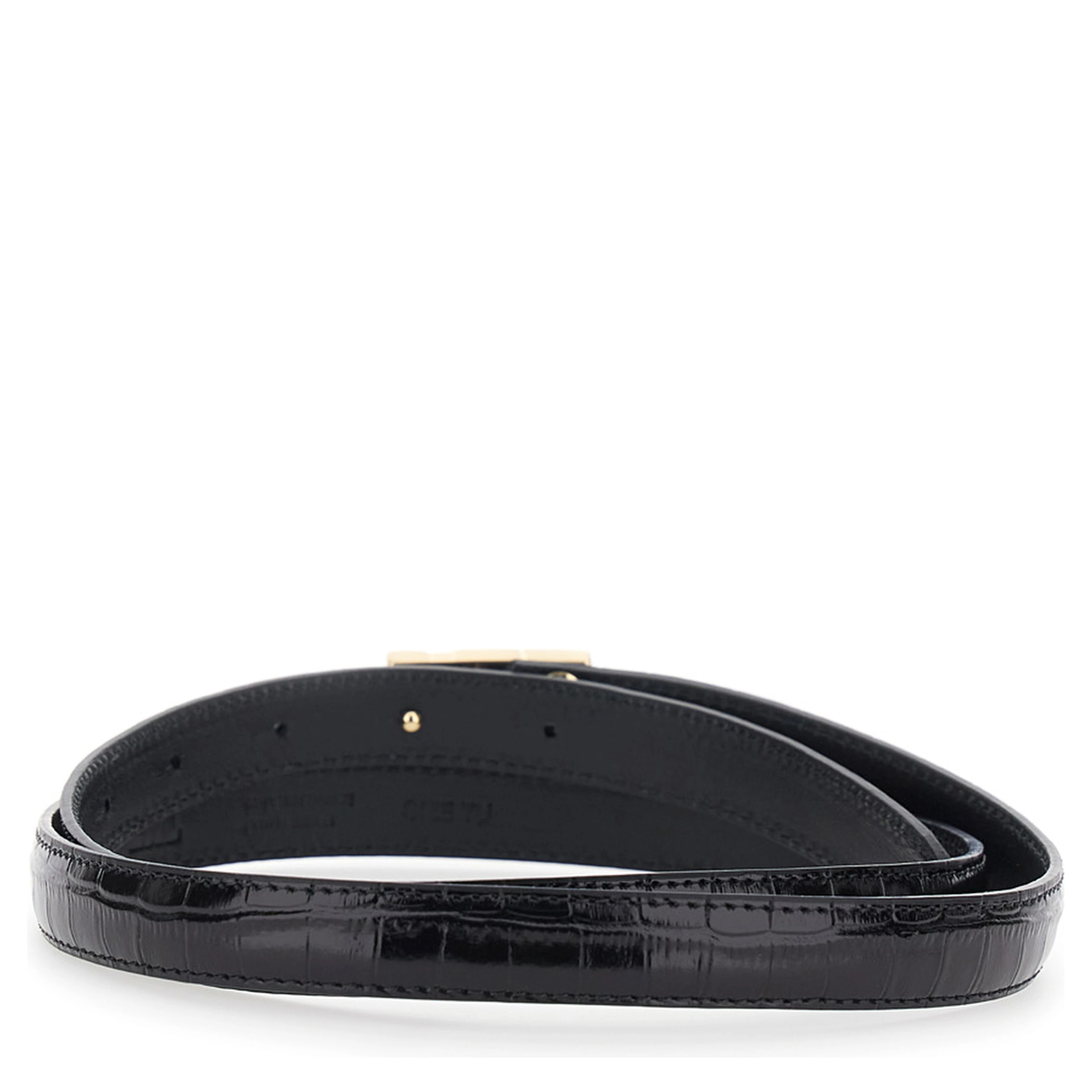 Black Belt with Logo Lettering Plaque on the Front and Embossed Crocodile-Effect in Leather for Men
