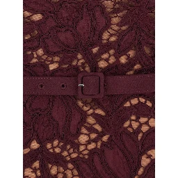 burgundy Long dress with lace details and round neckline in fabric for women