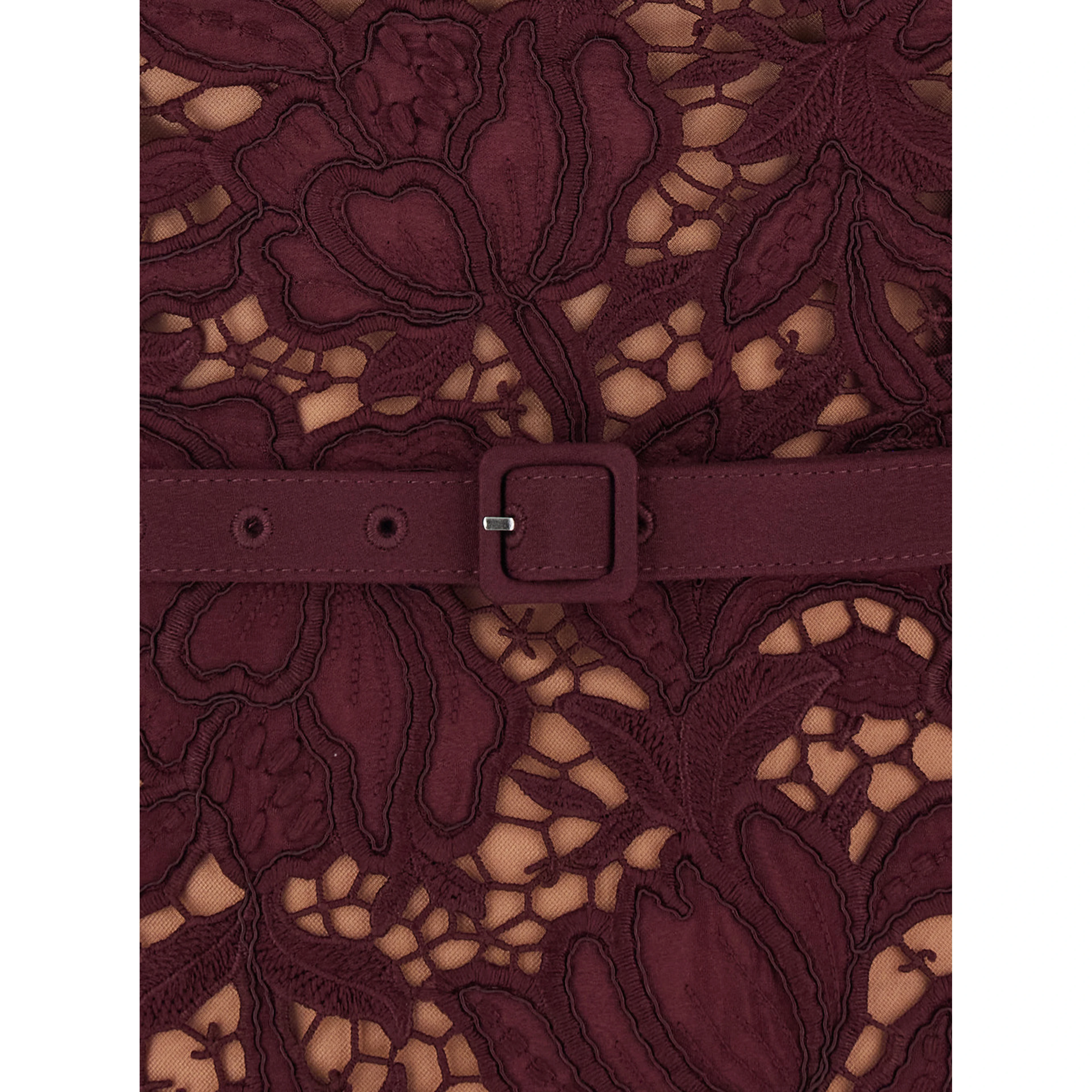 burgundy Long dress with lace details and round neckline in fabric for women