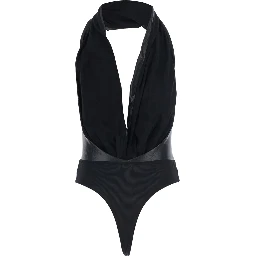 Sendaya Black Bodysuit with deep V-neck and open back in ecoleather black women