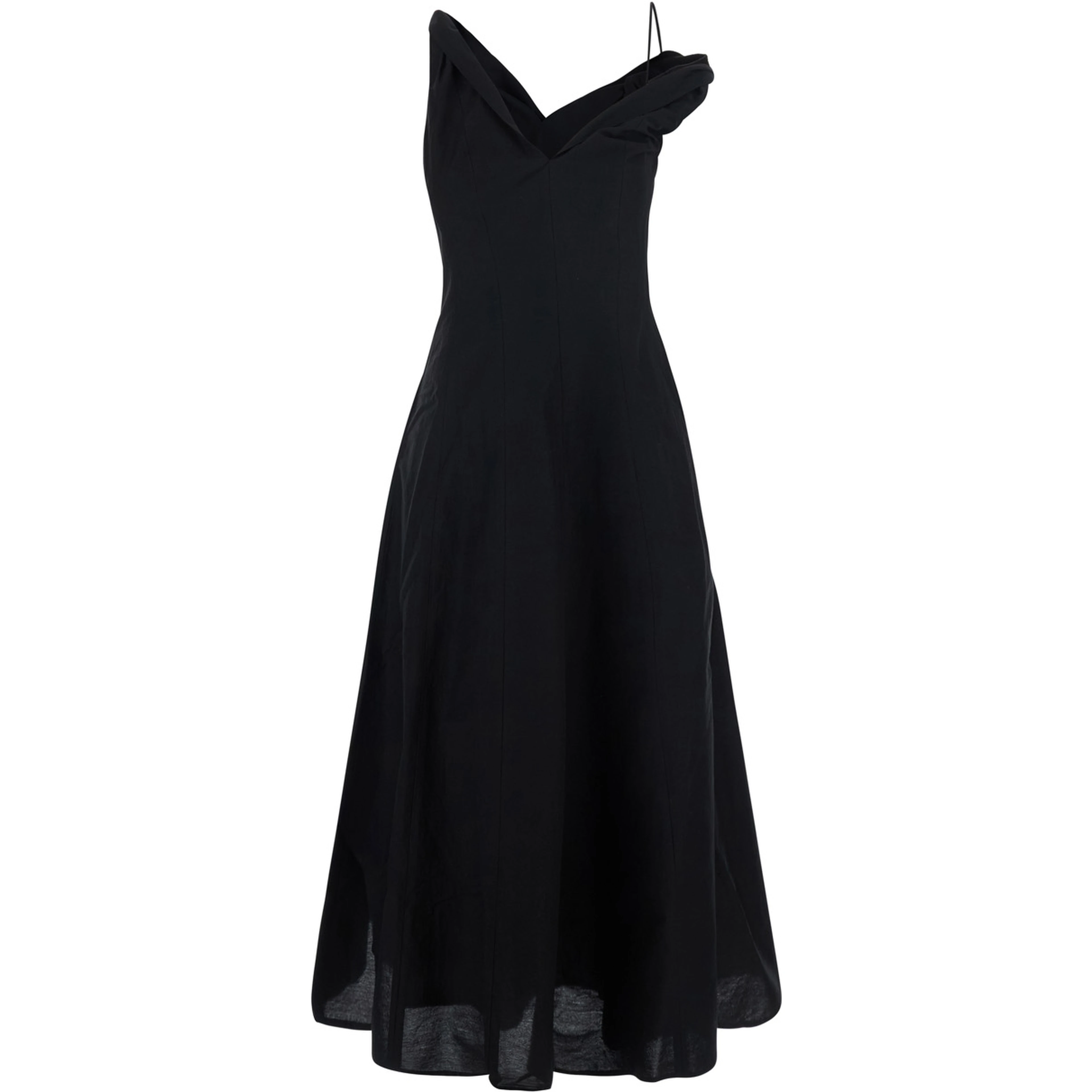 Black Dress with sweetheart neckline and asymmetric straps in blend cotton for women