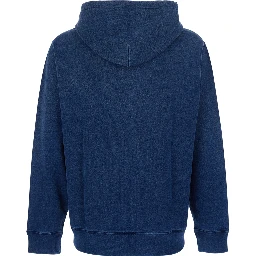 Blue Hoodie with drawstring hood and logo patch on the front in denim effect cotton for men